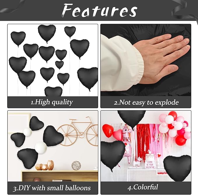Foil Heart Balloons - 10 Black Heart Shaped Balloons, 18inch Metallic Foil for Valentines Day, Wedding, Birthday, Halloween Party