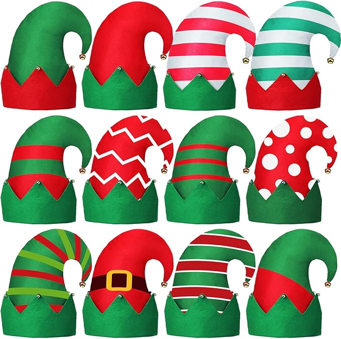 12 Pcs Christmas Elf Hat Colorful Funny Hats with Bell Holiday Party Accessories for Adults Santa Headdress for Party(Classic2)