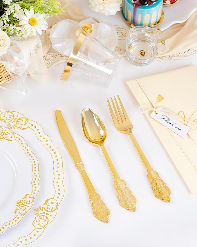 Ciaell 350 PCS Gold Plastic Plates - White and Gold Plates - Gold Disposable Plates Include 50 Disposable Plate, 150 Heavy Duty Silverware, 50 Cups, 50 Napkins for Wedding & Party & Thanksgiving