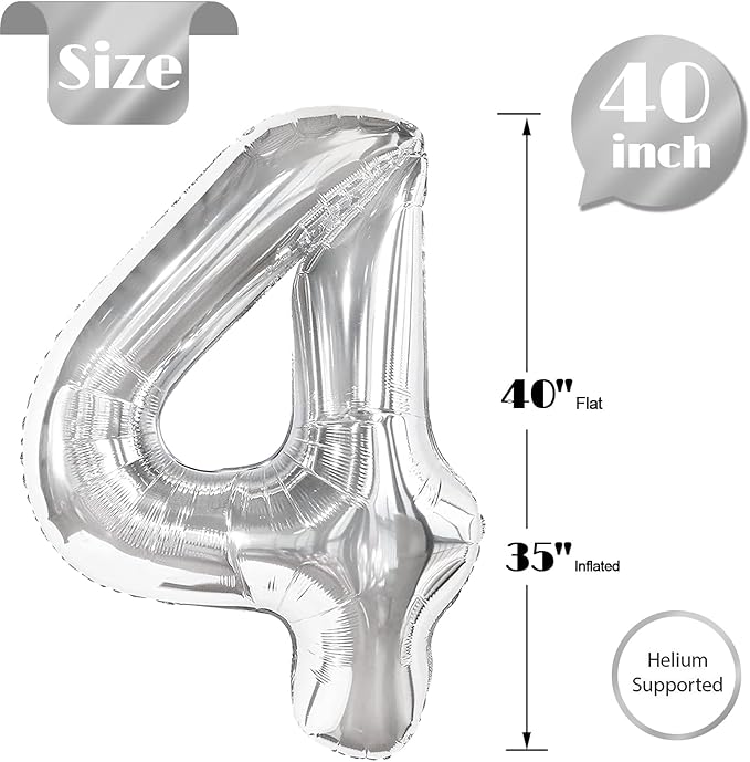 Silver Number 4 Balloon 40 Inch, 4th Birthday Party Decorations for Children, Giant 4 Foil Balloon for Party Supplies