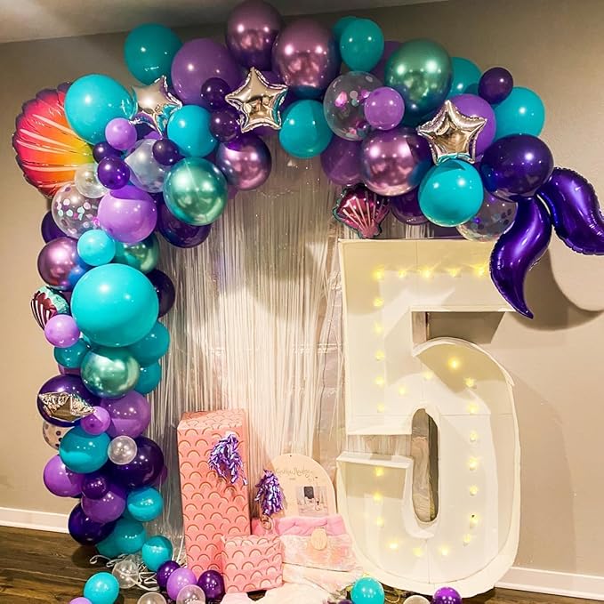 Mermaid Balloons, 60pcs 12 Inch Purple Teal and White Balloon Set with Metallic Purple Green Teal Purple Confetti Balloon, Pearl White Balloons for Birthday Wedding Mermaid Party