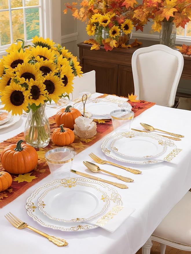 Ciaell 175 PCS White and Gold Plastic Plates - Fancy Gold Disposable Dinnerware Set with of 50 Plastic Plates, 25 Knives, 25 Forks, 25 Spoons, 25 Cups, 25 Napkins for Wedding, Party &Thanksgiving