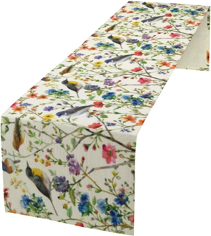 Spring Bird Floral Table Runner,Summer Birds Table Runner Burlap Table Decoration for Seasonal Home Kitchen Dining Dinner Indoor Holiday Farmhouse Decor 13x70 Inch