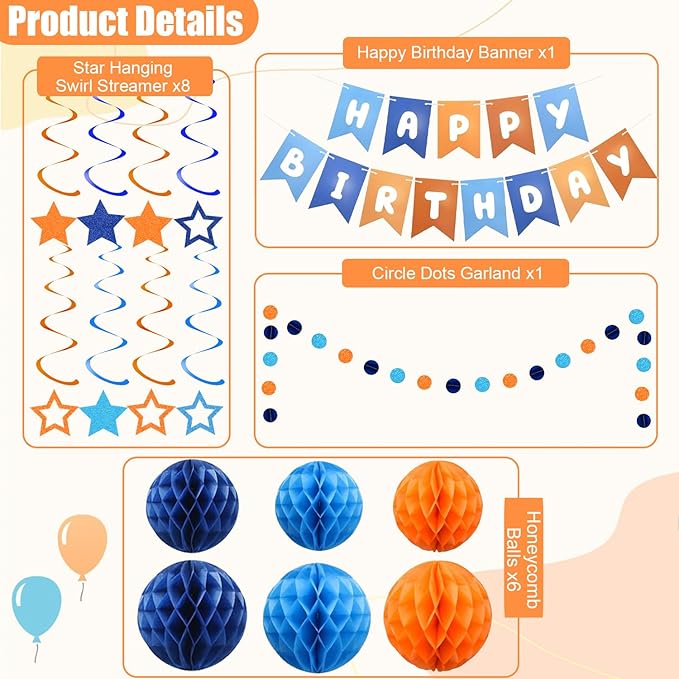Pre-Strung Happy Birthday Decorations for Boys Men Women, Orange Blue Birthday Banner with Honeycomb Balls, Stars Hanging Swirl Streamers, Circle Dots Garland