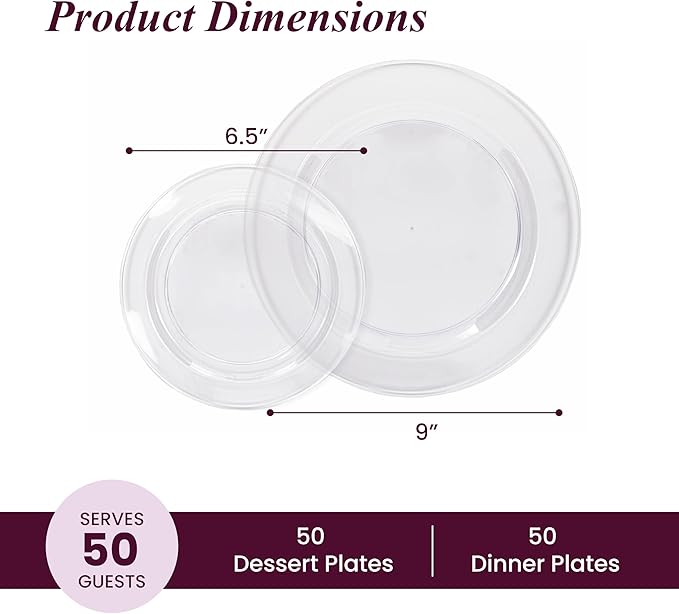 Aya's Cutlery Kingdom 100 Clear Plastic Plates for Party - Heavy Duty Disposable Set of 50 Dinner and 50 Dessert Plates - Elegant Plastic Disposable Plate for Weddings, Parties, and Special Events