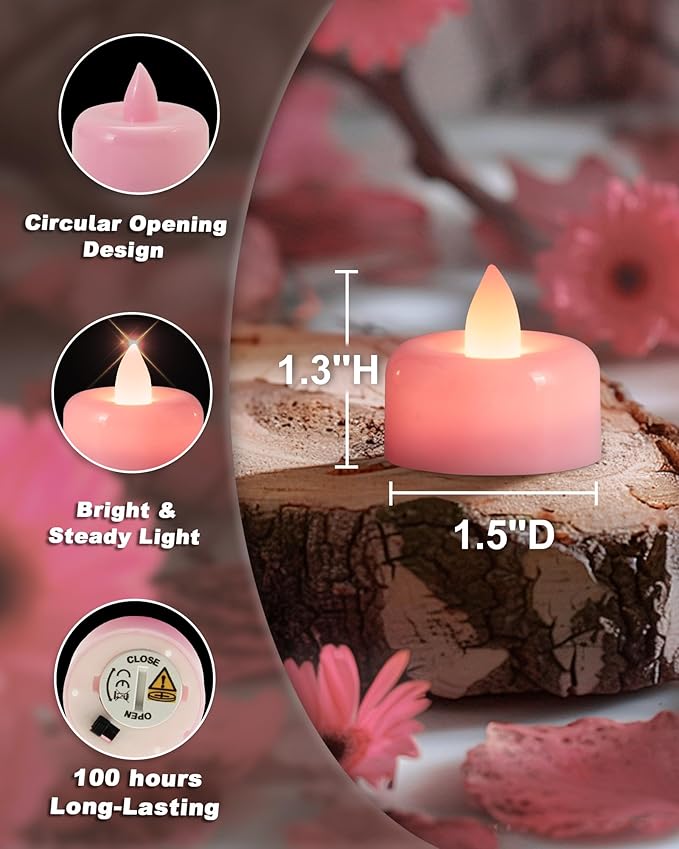 Raycare Pink Battery Operated Tea Lights, 24 Pack Long Lasting Fake Candles, Flameless LED Tea Light, Colored Tealights Candles for Special Night, Theme Party, Aniversary, Wedding Table Decor