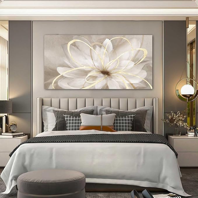 Kureful Flower Pictures Wall Decor Oil Painting 24x48 Inches Abstract Artwork for Bedroom Living Room Home Office Wall Decorations, Gold