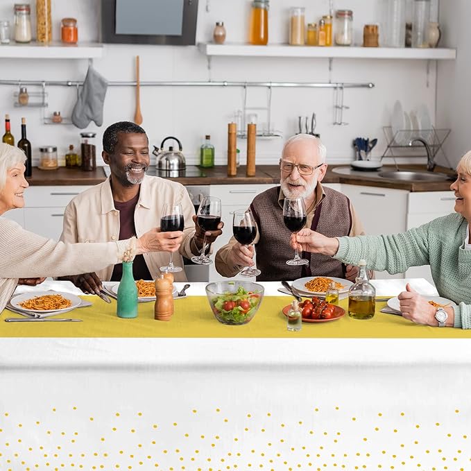 12Pack Disposable Plastic Tablecloths and Satin Table Runner Set White and Gold Dot Tablecloth Gold Satin Table Runner for Wedding Birthday Baby Shower Anniversary Christmas New Year Party Supplies