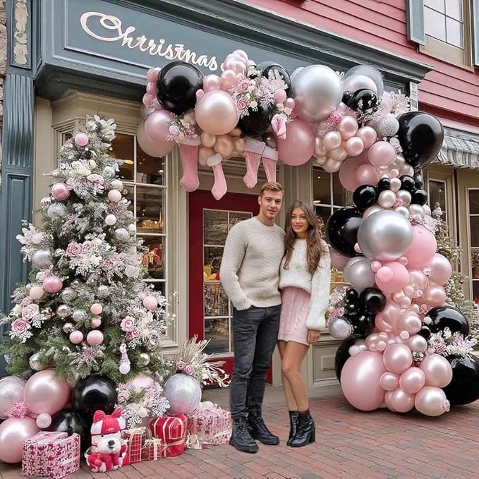 Pearl Pink Black Balloon Arch Kit, Double Stuffed Pastel Baby Pink Blush Silver Balloon Garland for Baby Shower Birthday Christmas Winter Bridal Wedding Party Decoration
