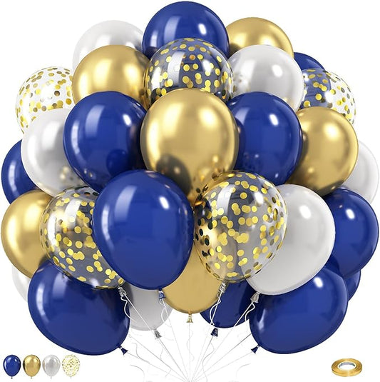 Navy Blue and Gold Balloons, 60pcs 12 Inch Navy Blue Pearl White Balloon Set with Metallic Chrome Gold Confetti Balloon Latex Helium Party Balloons for Boys Men Birthday Wedding Graduation Decorations