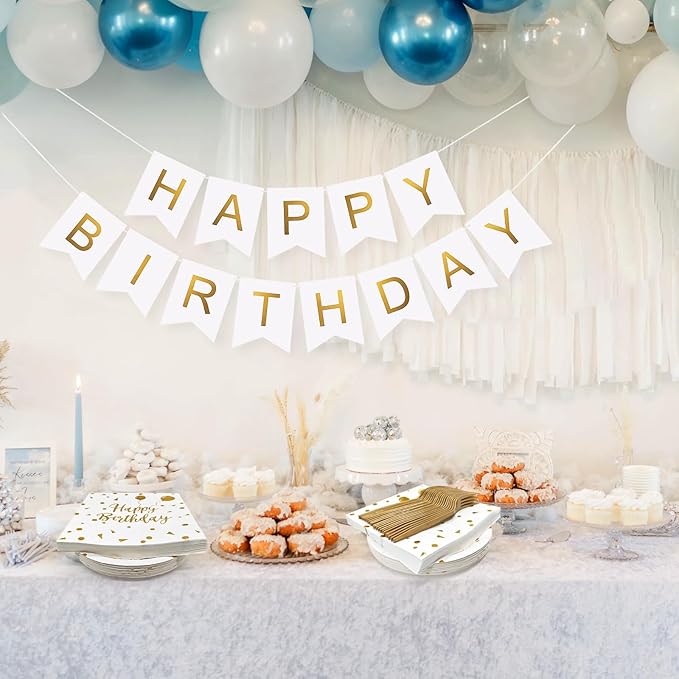 Serves 35 Guests Happy Birthday Paper Plates Party Supplies,7 Inch White and Gold Happy Birthday Disposable Paper Plates Napkins Forks Tablecloths Banner for Party Decorations