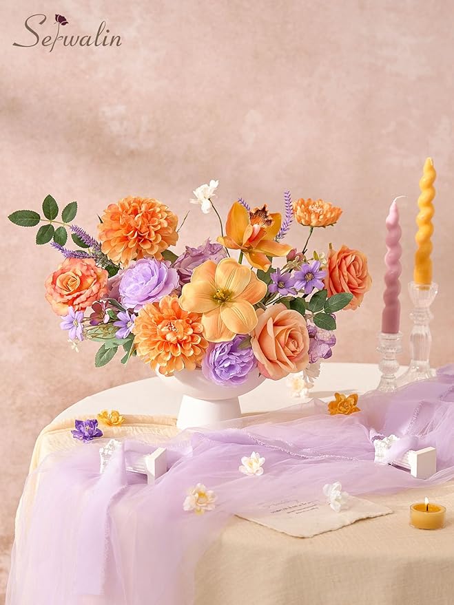 Serwalin Artificial Orange & Purple Flowers, Silk Fake Flowers Stems for Wedding Bouquets DIY, Baby Shower Centerpieces, Cake Decor, Birthday Party & Home Decor