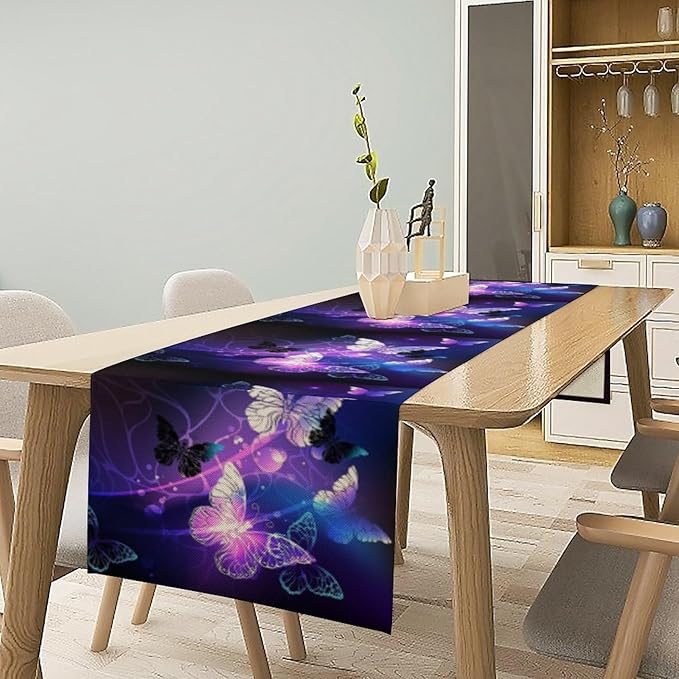 Butterfly Spring Table Runner, Purple Floral Seasonal Kitchen Dining Table Decoration for Home Party Decor 13x36 Inch