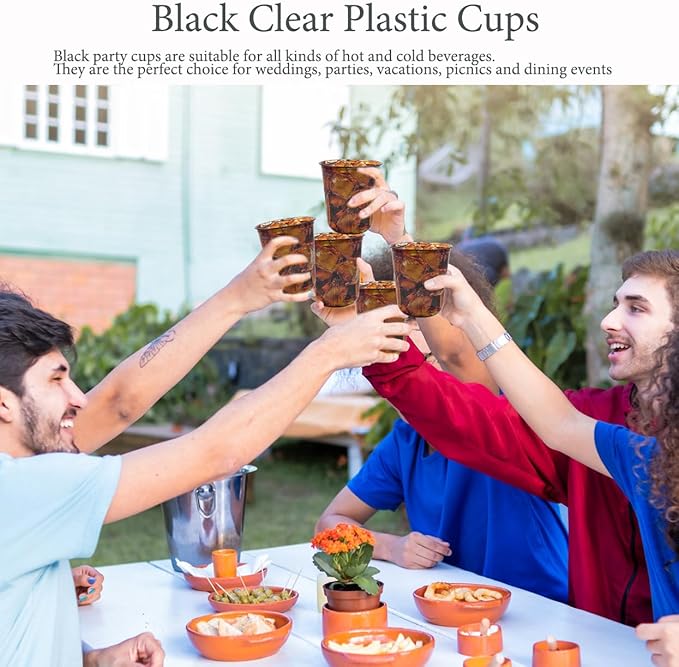 100 Pcs Disposable Stemless Glasses 12oz Plastic Cups PET Disposable Drinking Cups Cold Party Plastic Wine Glasses Classic Cup for Birthday Wedding Cocktail Halloween Christmas Party Supplies (Black)