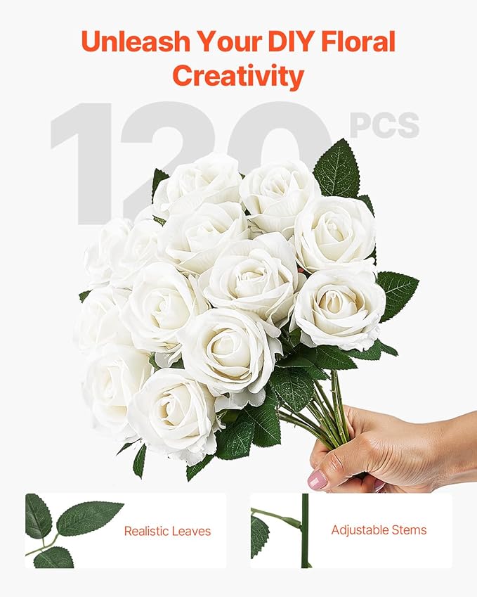 VEVOR Artificial Flowers, 120 pcs Real Looking White Foam Fake Roses Bulk, White Faux Bridal Shower with Stems for DIY Wedding Bouquets, Home Centerpieces Arrangements, Party Tables Decorations