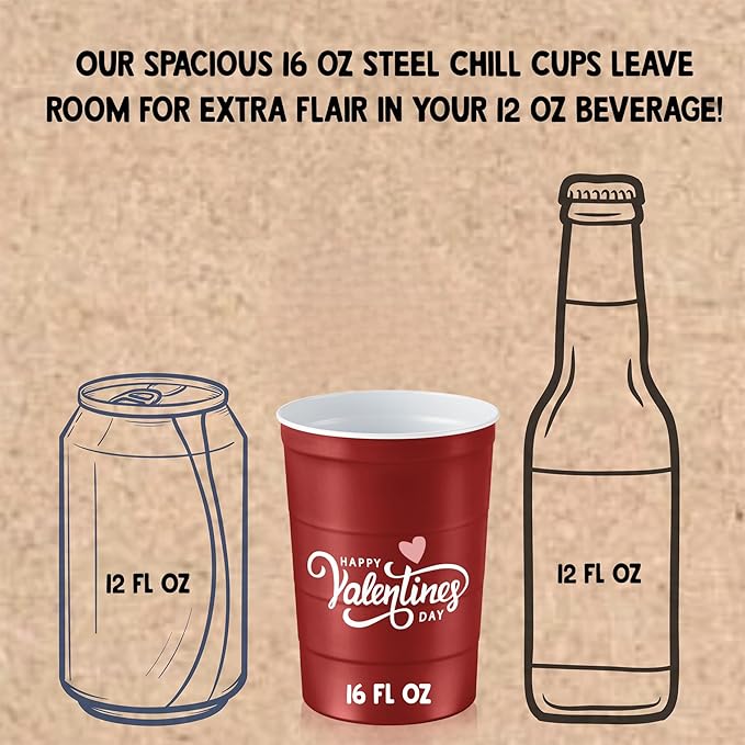 16 oz. Party Cups 'Happy Valentine's Day' Heart Design for Cold Drinks, Durable, Disposable, Recyclable, Made in USA, Red, 12 Count