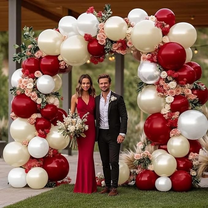 Red White Balloon Garland Double Stuffed Dark Red Pearl White Balloon Arch Kit Burgundy Balloons for Christmas New Year Birthday Wedding Bridal Shower Engagement Party Decorations