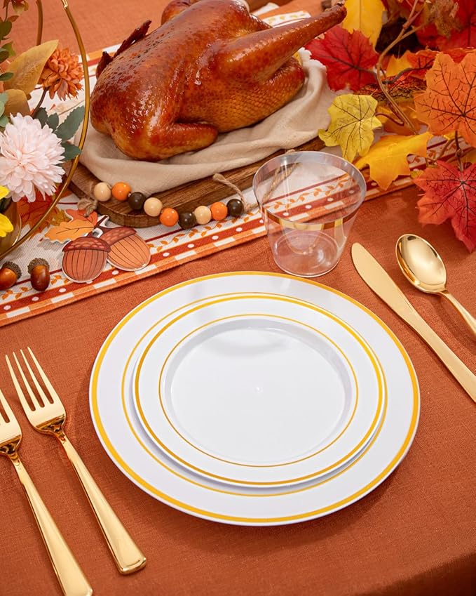 bUCLA 300PCS Gold Disposable Dinnerware Set - White and Gold Plastic Plates - Include 50 Each (Dinner&Dessert) Plates,50 Knives,50 Forks,50 Spoons,50 Cups for Party & Thanksgiving Table Decor