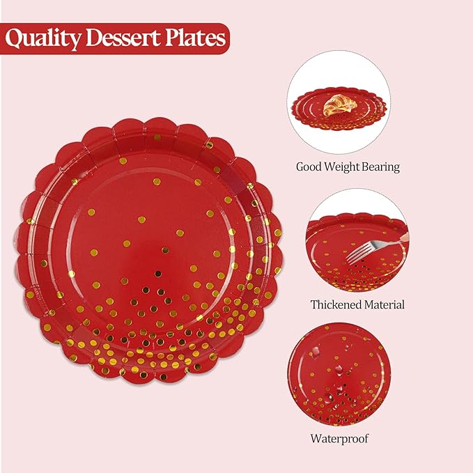 50PCS Red Paper Plates and Napkins Set - Red and Gold Dot Disposable Party Plates Dinnerware Party Supplies Decorations for Birthdays, Christmas, Engagement and Weddings