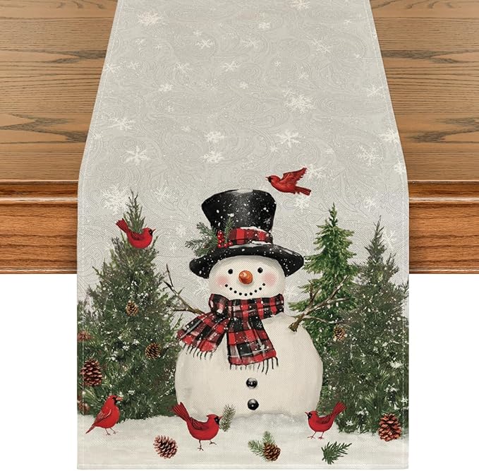 Artoid Mode Snowman Birds Trees Christmas Table Runner, Seasonal Silver Winter Holiday Kitchen Dining Table Decoration for Home Party Decor 13 x 72 Inch