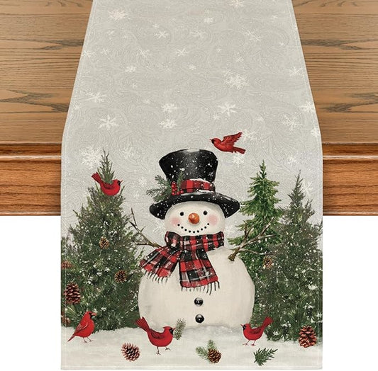 Artoid Mode Snowman Birds Trees Christmas Table Runner, Seasonal Silver Winter Holiday Kitchen Dining Table Decoration for Home Party Decor 13 x 72 Inch