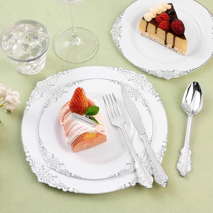 100 Pack Silver Plastic Silverware with Pre Rolled Napkins for 100 Guests, Silver Disposable Utensils Sets Includes 300 Plastic Cutlery, and 100 Napkins for Party & Wedding