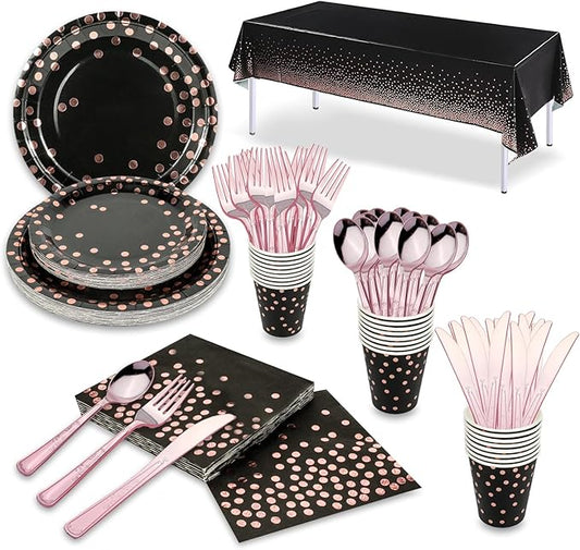 176 Pieces Gold Disposable Party Dinnerware Set &Golden Dot Disposable Party Dinnerware - Black Paper Plates Napkins Cups, Gold Plastic Forks Knives Spoons (25 Guests,176 Pieces)
