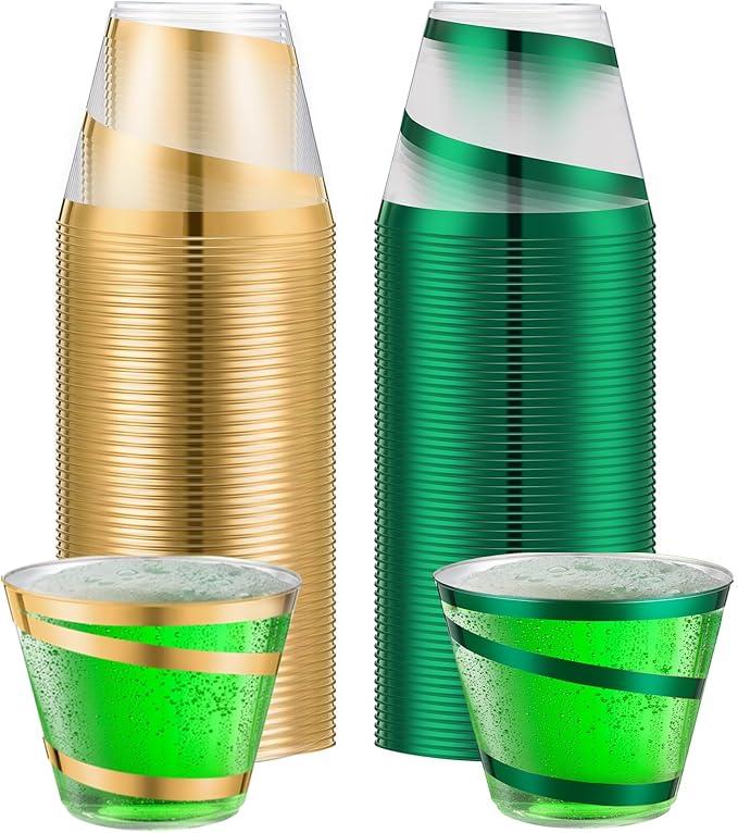 Gejoy 9 oz Rimmed Swirl Plastic Cups Disposable Wine Drinking Cups Clear Elegant Halloween Tumblers for Christmas Party Supplies(Gold, Green,100 Pcs)