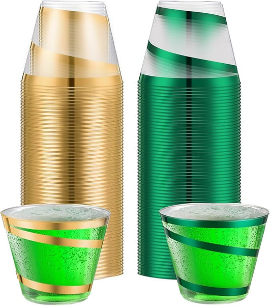 Gejoy 9 oz Rimmed Swirl Plastic Cups Disposable Wine Drinking Cups Clear Elegant Halloween Tumblers for Christmas Party Supplies(Gold, Green,100 Pcs)