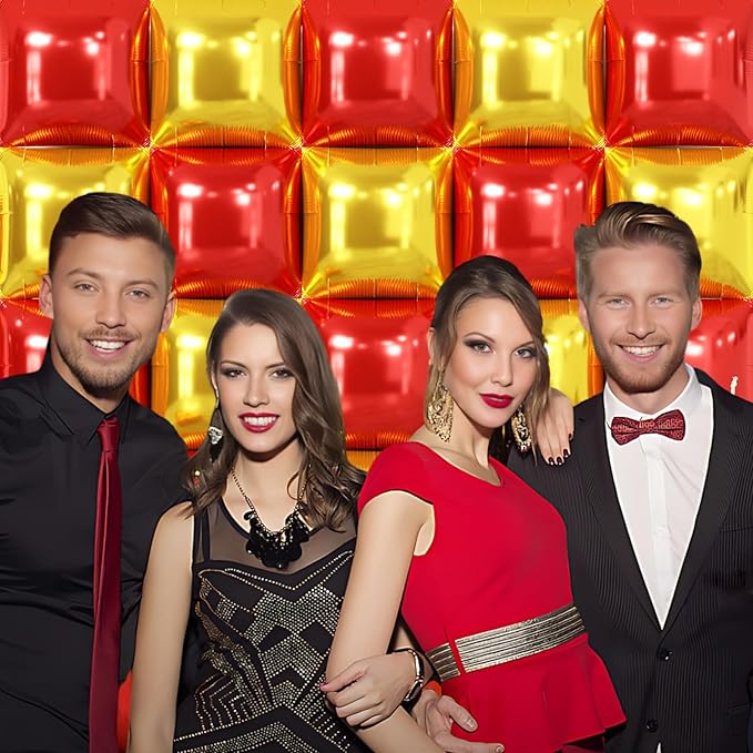 NISOCY 25PCS Christmas Balloons Red Gold Square Foil Balloons Wall Backdrop Metallic Double Sided Red Gold Balloons Tunnel Arch Kit for Valentine's Day Wedding Birthday Engagement Party Decorations