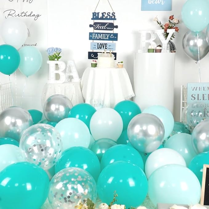 Paready Teal Blue Balloons Set, 50pcs 12 Inch Turquoise Metallic Green Confetti Silver White Balloons For Wedding, Bridal Shower, Engagement, Birthday