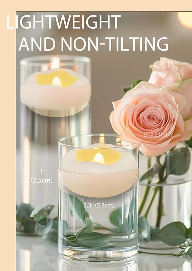 Floating Candles, 24 Packs 2.3 Inch Flameless LED Candle, 160+ Hour Battery Operated Waterproof Tealights for Wedding Centerpieces Marriage Proposals Pool Party Cylinder Vases Spa Christmas New Year