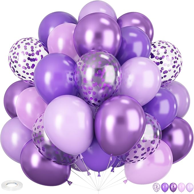 Purple Mixed Balloons, 60 PCS 12inch Lavender Balloons Metallic Purple Confetti Latex Balloon for Girls Women Birthday Baby Shower Bridal Shower Wedding Party Decorations