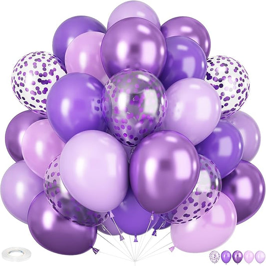 Purple Mixed Balloons, 60 PCS 12inch Lavender Balloons Metallic Purple Confetti Latex Balloon for Girls Women Birthday Baby Shower Bridal Shower Wedding Party Decorations