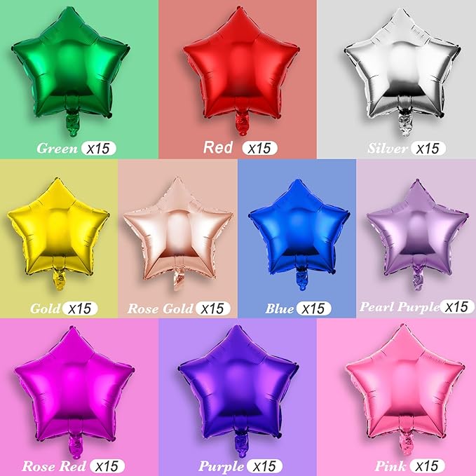 150 Pcs Star Shaped Foil Balloons 18 Inch for New Year Eve Party Decorations, Self-sealing Helium Star Balloons Foil for Birthday, Wedding, Baby Shower (Colorful)