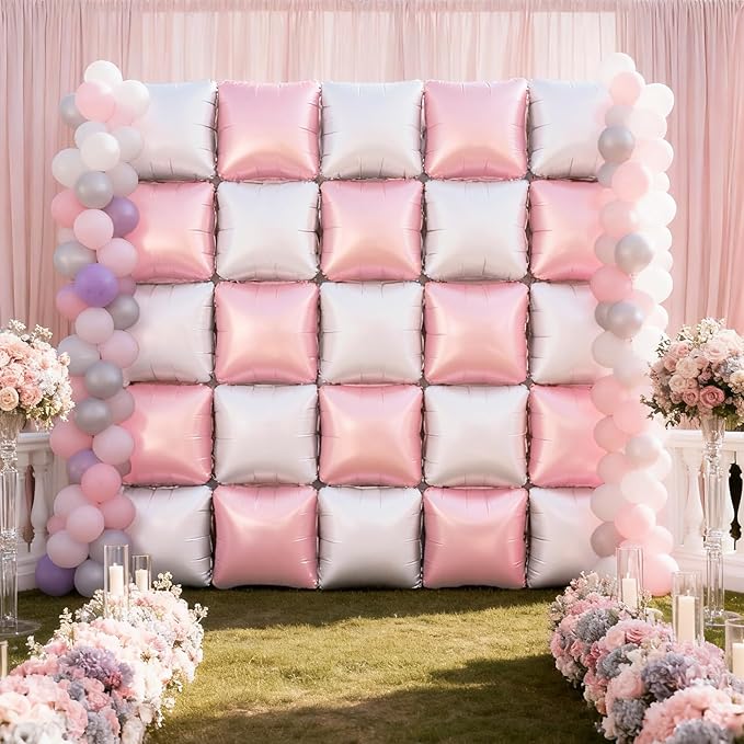 NISOCY 25PCS Pearl Pink and White Square Foil Balloons Wall Backdrop Double Sided Pink and Pearl White Balloons Arch Kit for Wedding Birthday Baby Shower Bride Girl Party Decorations