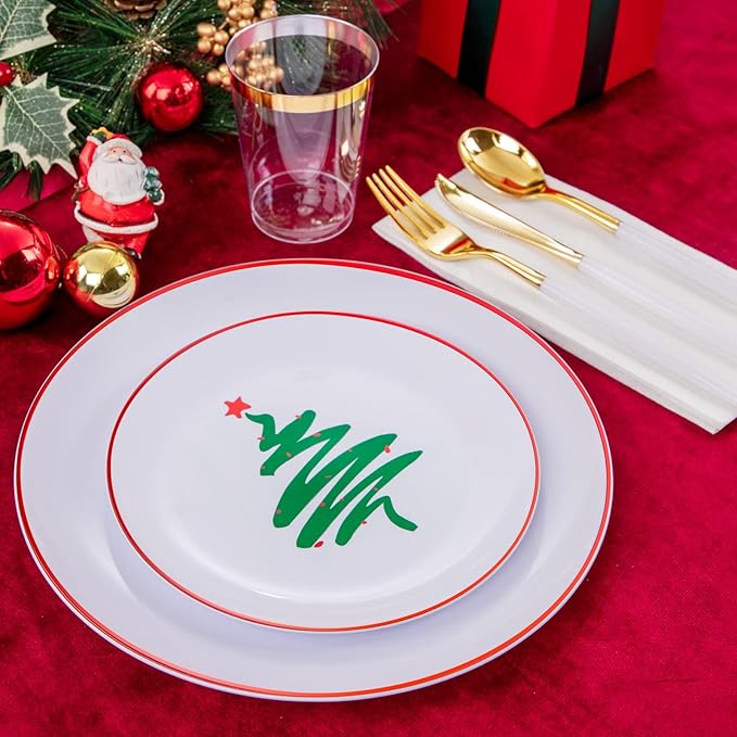 Supernal Christmas Plastic Plates, Gold Plastic Cutlery – 180pcs Elegant Disposable Dinnerware with White-Gold Knives/Forks/Spoons, GoldRim Clear Tumblers, Premium Christmas Tableware for 30 Guests