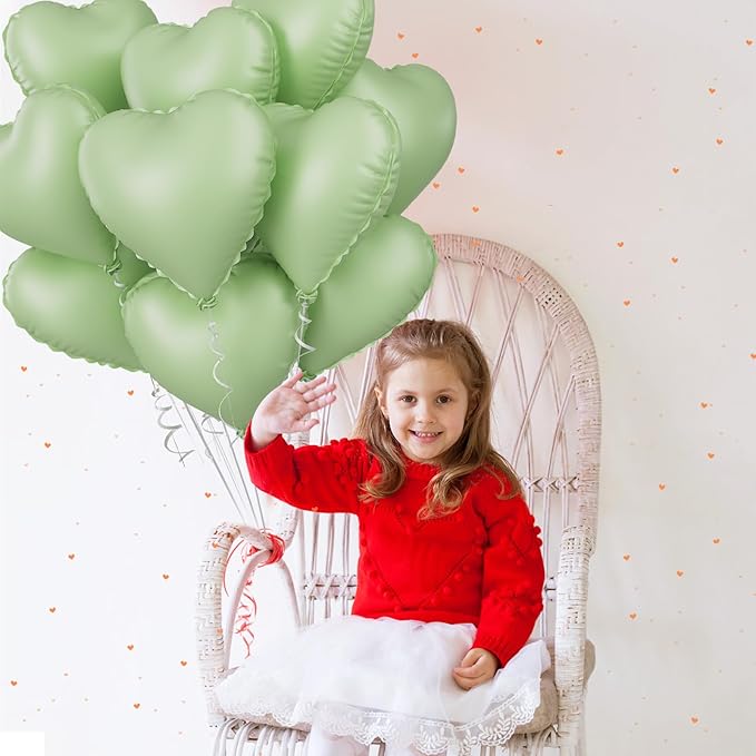 Sage Green Heart Balloon, 10PCS Green Foil Heart Balloons, 18inch Olive Green Heart Shape Balloons for Helium Birthday Party Decorations for Jungle Brithday Party, Valentines Day, Wedding, Anniversary