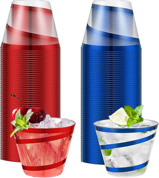 Gejoy 9 oz Rimmed Swirl Plastic Cups Disposable Wine Drinking Cups Clear Elegant Halloween Tumblers for Christmas Party Supplies(Red, Blue,100 Pcs)