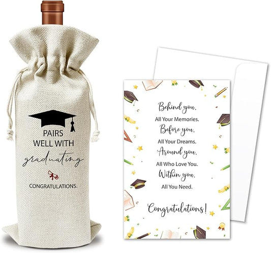Graduation Wine Gift Bags & Card, Graduation Gifts for Him Her Son Daughter College, Pairs Well With Graduating, 1 pcs Reusable Burlap Wine Gift Bags for Wine Bottles, Graduation Party Decor Favor -26