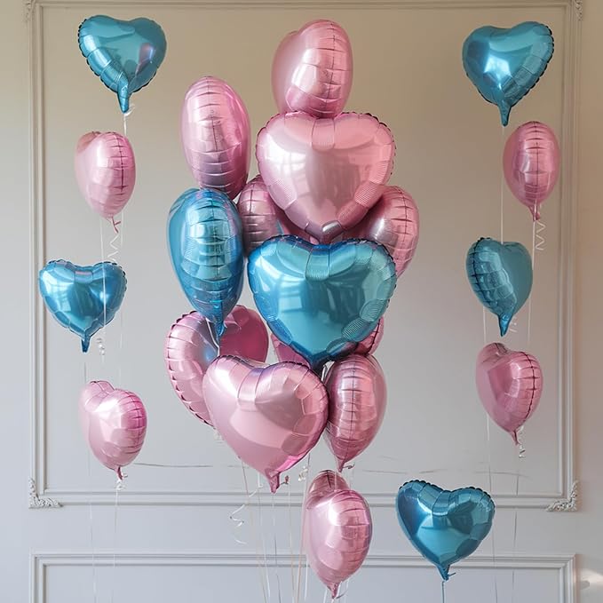 Pink Blue Heart Balloons, 19PCS Pink and Blue Heart Shape Balloons, 18Inch with 10Inch Pastel Blue Pink Helium Foil Balloon Love Balloon for Birthday Baby Shower Party Decorations