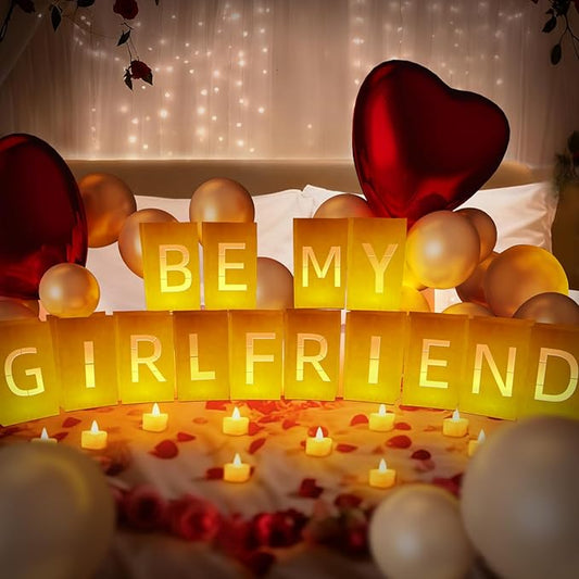 Be My Girlfriend Light Up Letters, Include Light up Letters, with Tea Lights Candles, Latex Balloons, Aluminum Balloons and Rose Petals, Anniversary and Valentines' Day Decorations for Women
