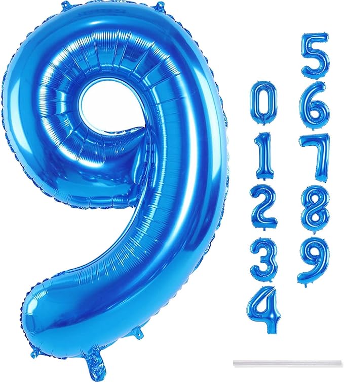 Blue Number 9 Balloons, 40 Inch 9th Birthday Foil Balloon for Boys, Giant Self Inflating Helium Mylar Foil Number Balloons 0-9 for Men 9th Anniversary Graduation Birthday Party Decorations Supplies