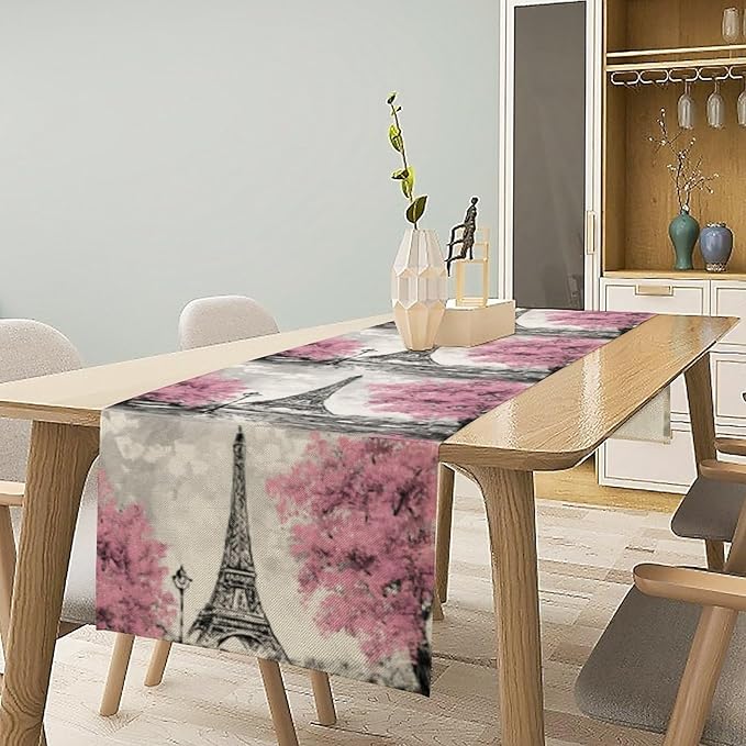Paris Eiffel Tower Table Runner, Watercolor Eiffel Tower Dinner Runner for Farmhouse Kitchen Dining Table Holiday Party Decoration 13 x 90 Inch