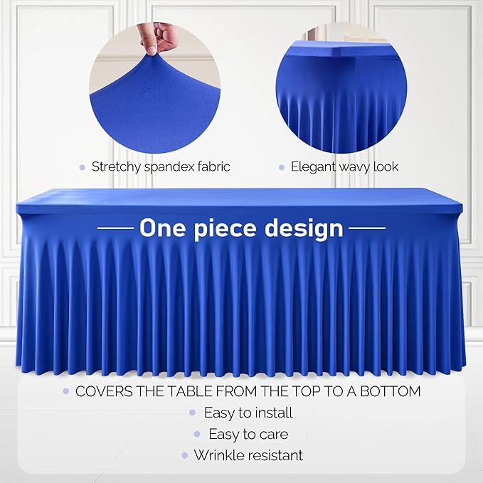 1 Pack Royal Blue Table Clothes for 6 Foot Rectangle Tables, One-Piece Wrinkle Resistant Stretch Spandex Table Covers with Skirt for Event Banquet Wedding Birthday Party
