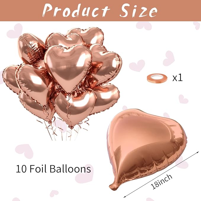 Rose Gold Foil Heart Balloons, 10PCS Rose Gold Heart Shape Balloons, Valentines Balloons 18inch Foil Balloons for Helium Birthday Decorations for Valentines Day, Wedding, Brithday Party, Baby Shower
