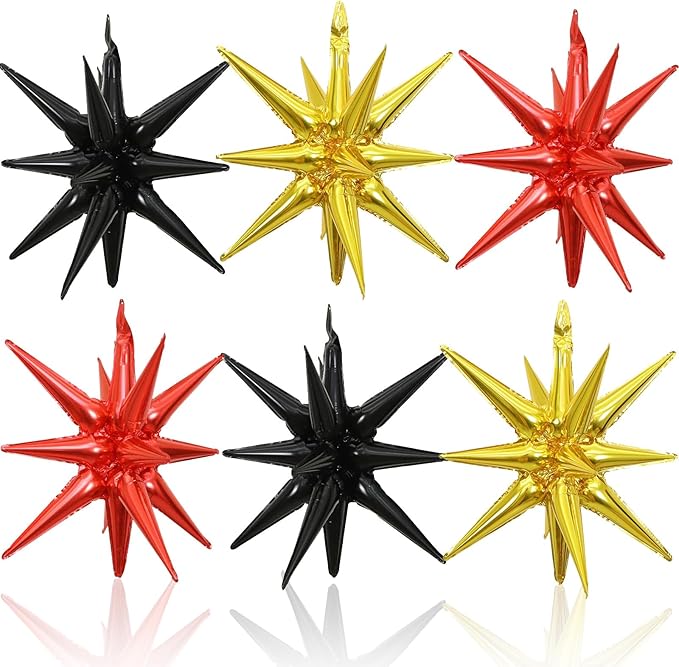 6PCS Star Balloons, 22Inch Red Black and Gold Star Balloon Foil Balloons Spike Cone Balloon for Birthday Anniversary Festival Film Casino New Year Party Decorations