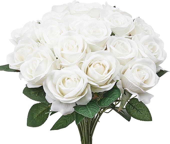 VEVOR Artificial Flowers, 120 pcs Real Looking White Foam Fake Roses Bulk, White Faux Bridal Shower with Stems for DIY Wedding Bouquets, Home Centerpieces Arrangements, Party Tables Decorations