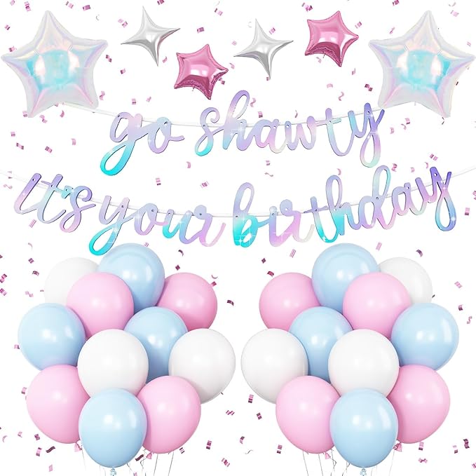 Iridescent Go Shawty It's Your Birthday Banner Balloons Set, Glitter Happy Birthday Banner with Pink Blue White Balloon Star Foil Balloon for Girls Women Hip Hop Rap Theme Birthday Party Decorations