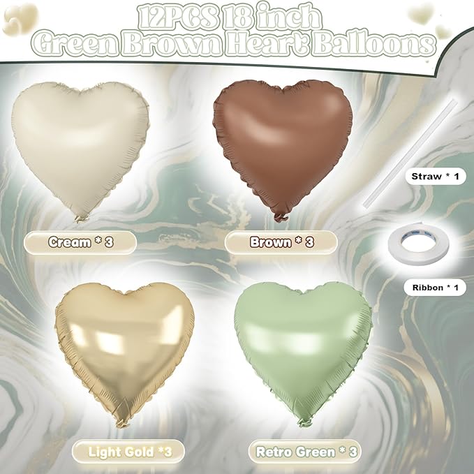 Green Gold Brown Heart Balloons, 12Pcs Retro Green Pastel Gold Beige Coffee Heart Shape Foil Balloons Olive Neutral Tan Cream Balloon for Boho Woodland Birthday Camo Army Hunting Baby Shower
